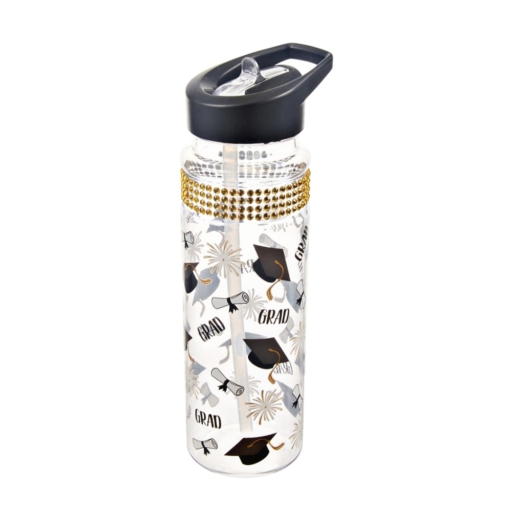 NEW Graduation Plastic Water Bottle Flip Top Straw Black Gold Bling Grad Gift